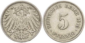 ГЕРМАНИЯ 5 ПФЕННИГОВ 1913 G KM 11, J. 12 медно-никель 105-164