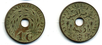 Нидерландская Восточная Индия 1 цент 1945 р, Вильгельмина (1890-1948) KM 317 бронза 56-1213