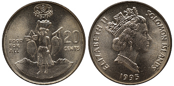 Соломоновы острова 20 центов 1995 FAO, продовольственная программа KM 82 медно-никель UNC M23-11