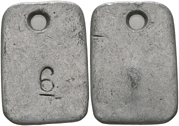 НИДЕРЛАНДЫ ЖЕТОН ND НА АВЕРСЕ 6, С ОТВЕРСТИЕМ ДЛЯ НОСКИ, РАЗМЕР 31 Х 22 ММ. алюминий 98-752