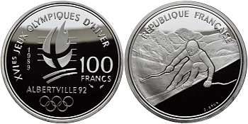 Франция 100 франков 1989 XVI Зимние Олимпийские игры 1992 в Альбервиле, горные лыжи, гигантский слалом KM 971 серебро PROOF 413-2524