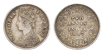Британская Индия 2 анны 1887 Виктория (1837-1901) KM 488 серебро    1531-723