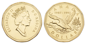 Канада 1 доллар 1997 10 лет чекана луни-доллара KM 291 никель плакированный позолченной бронзой BU 1525-712