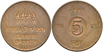 Швеция 5 эре 1953 TS, Густав VI Адольф (1950-1973) KM 822 бронза 4557-734