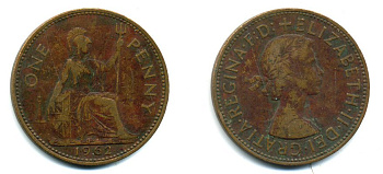 Великобритания 1 пенни 1962 Елизавета II (1952-2022) KM 897, Spink 4157 бронза 57-356