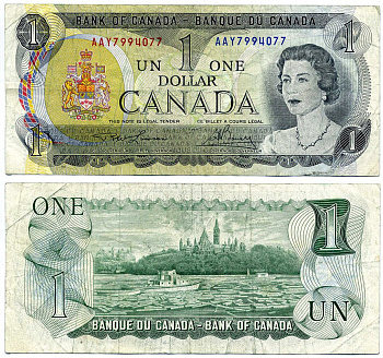 Канада 1 доллар 1973 Елизавета II (1952- ), здание парламента на реке Оттава, Lawson-Bouey, серии 3 буквы Pick 85 а (2) бумага 2192-21-3-2