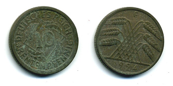 Германия 10 рентенпфеннигов 1924 F KM 33, J. 309, Weege 8 алюминиевая бронза 54-527