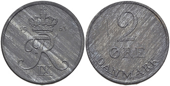ДАНИЯ 2 ЭРЕ 1963 C; S, ФРЕДЕРИК IX (1947-1972) KM 840.2 цинк UNC 28-352