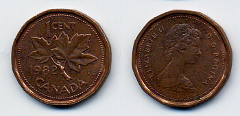 Канада 1 цент 1982 Елизавета II (1952-2022), кленовый лист KM 132 бронза 54-2445