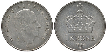 Норвегия 1 крона 1994 Харальд V (1991-) KM 436 медно-никель 4128-1225