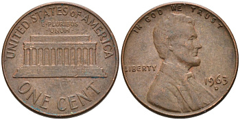 США 1 цент 1963 D, Линкольн KM 201 медь цинк 4564-423