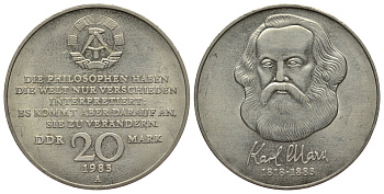 ГДР 20 марок 1983 А, 100 лет со дня смерти Карла Маркса (1818-1883) J. 1592, KM 95 медь никель цинк UNC 413-1511