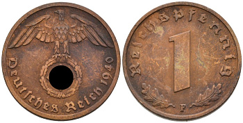 Германия 1 рейхспфенниг 1940 F KM 89, J. 361 бронза 4567-1112