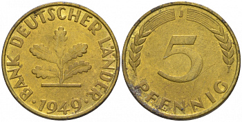 ФРГ 5 ПФЕННИГОВ 1949 J KM 102, J. 377 сталь плакированная латунью 44-139