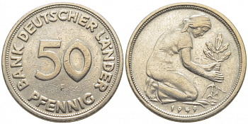 ФРГ 50 пфеннигов 1949 F KM 104, J. 379 медно-никель 105-1235