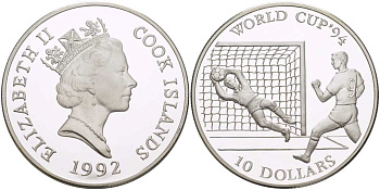 Острова Кука 10 долларов 1992 чемпионат мира по футболу в США 1994 года, игрок и вратарь KM 254 серебро PROOF 1085-8-12