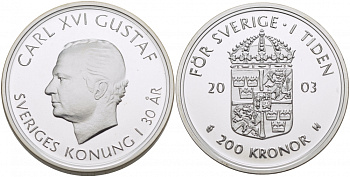 Швеция 200 крон 2003 Карл XVI Густав (1973- ), 30 лет правления KM 902 серебро UNC 00-000-00