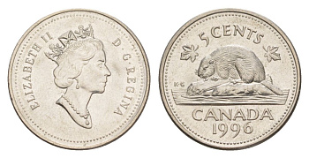 Канада 5 центов 1996 Елизавета II (1952-2022), бобр KM 182 медно-никель aUNC 4630-746