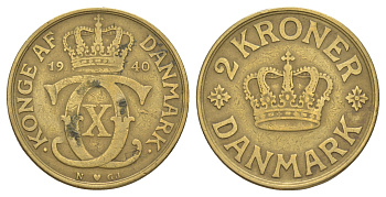 Дания 2 кроны 1940 N, Кристиан X (1912-1947) KM 825 алюминиевая бронза 4634-523