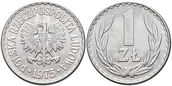 ПОЛЬША 1 ЗЛОТЫЙ 1975 MW KM 49.1 алюминий UNC 86-731