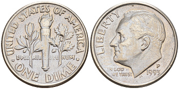 США 10 ЦЕНТОВ = 1 ДАЙМ 1995 P РУЗВЕЛЬТ KM 195a медь плакированная медно-никелем 188-715