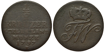 Силезия 1/2 крейцера 1797 B, Фридрих Вильгельм II Прусский (1786-1797), вес 3,7 гр., монетный двор Бреслау KM 47, Olding 20a, Jaeger 9 медь 1516-1121