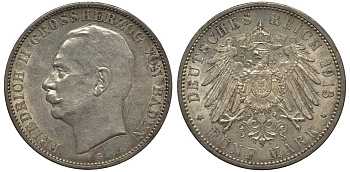 Баден 5 марок 1913 G, Фридрих II (1907-1918) KM 281, Jaeger 40, Weege 40 серебро 00-1067-4-23