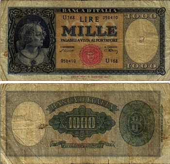 Италия 1000 лир 1947 изображение одной из трех граций(Сандро Боттичели), Pick 88a 8518-40-3-2