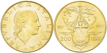 ИТАЛИЯ 200 ЛИР 1997 R, 100 ЛЕТ ИТАЛЬЯНСКОЙ МОРСКОЙ ЛИГЕ (1897-1997) KM 186 латунь 4529-232