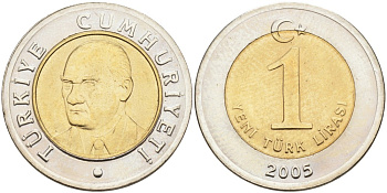 Турция 1 новая лира 2005 Кемаль Ататюрк KM 1169 биметалл UNC 4561-152