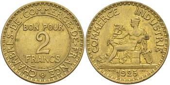ФРАНЦИЯ 2 ФРАНКА 1925 ТИП CHAMBRES DE COMMERCE KM 877, LE FRANC 267.7 алюминиевая бронза 69-1223