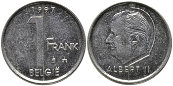 БЕЛЬГИЯ 1 ФРАНК 1997 BELGIE, АЛЬБЕРТ II (1993-) KM 188 железо плакированное никелем 99-1251