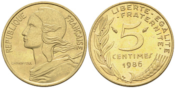 Франция 5 сантимов 1986 тип Марианна KM 933 никель алюминий медь    4594-1143