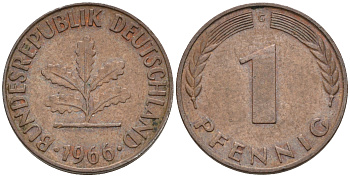 ФРГ 1 пфенниг 1966 G KM 105, J. 380 сталь плакированная медью    4115-117