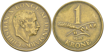 ДАНИЯ 1 КРОНА 1945 N; S, КРИСТИАН X (1912-1947) KM 835 алюминиевая бронза 4114-951