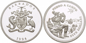 Барбадос 5 долларов 1994 история мореплавания, Педро А. Кампо KM 59 серебро PROOF 1068-1-51