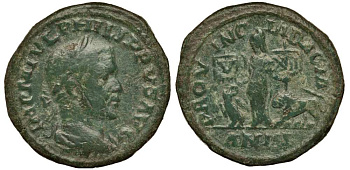 Римская Империя, Провинция Нижняя Мезия, Маркианополь сестерций 248 - 249 Филипп I Араб, IMP M IVL PHILIPPVS AVG, бюст императора / PROVINCIA DACIA, персонификация провинции Дакия со штандартами легионов V и XIII, леви орел,17,93 гр 1073-7-63