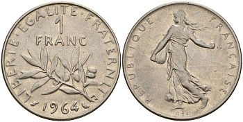 Франция 1 франк 1964 сеятель KM 925.1, Le Franc 226.8 никель 4150-837