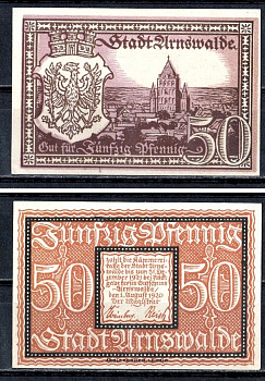 Арнсвальде (Пруссия, Бранденбург) 50 пфеннигов 1920 Mehl Grabowski A25.8b бумага UNC (пресс) 7556-43-2-1