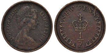 Великобритания 1/2 пенни 1971 Елизавета II (1952-2022) KM 914, Spink 4239 бронза 4124-559