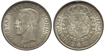 Швеция 2 кроны 1940 G, Густав V (1907-1950) KM 787 серебро 00-00