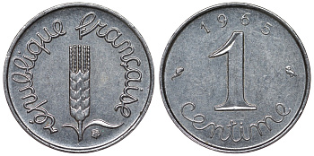 Франция 1 сантим 1965 пятая республика KM 928, Le Franc 106.10 нержавеющая сталь 4124-364