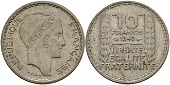 Франция 10 франков 1948 тип Пьер Турин KM 909.1, Le Franc 362.3 медно-никель 4120-1231