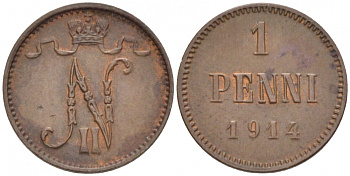 Россия для Финляндии 1 пенни 1914 Николай II (1894-1917) KM 13, Биткин 474 медь 4396-1416