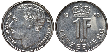 Люксембург 1 франк 1990 Герцог Жан (1964-1999) KM 63 сталь плакированная никелем 4532-811