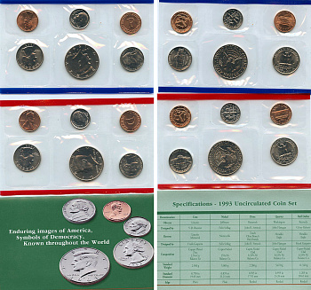 США официальные наборы из 10 монет и 2 жетонов монетного двора 1994 D, P, Джон Кеннеди KM MS 158   UNC  3-4-4-28