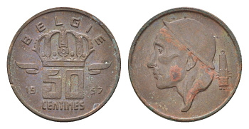 Бельгия 50 сантимов 1957 Belgie, Бодуэн I (1951-1993) KM 149 бронза 4705-254