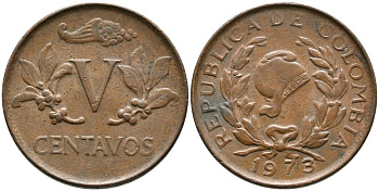 КОЛУМБИЯ 5 СЕНТАВО 1973 KM 206а сталь плакированная медью 3336-556