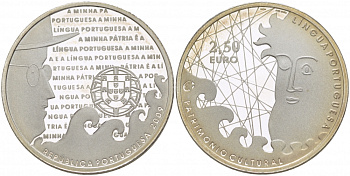 Португалия 2 1/2 евро 2009 португальский язык, тираж  14000 экз. KM 791а серебро PROOF 01-166-42