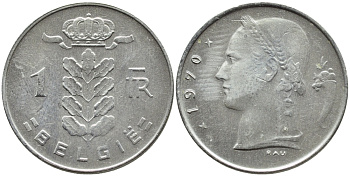 БЕЛЬГИЯ 1 ФРАНК 1970 BELGIE KM 143.1 медно-никель 4385-447